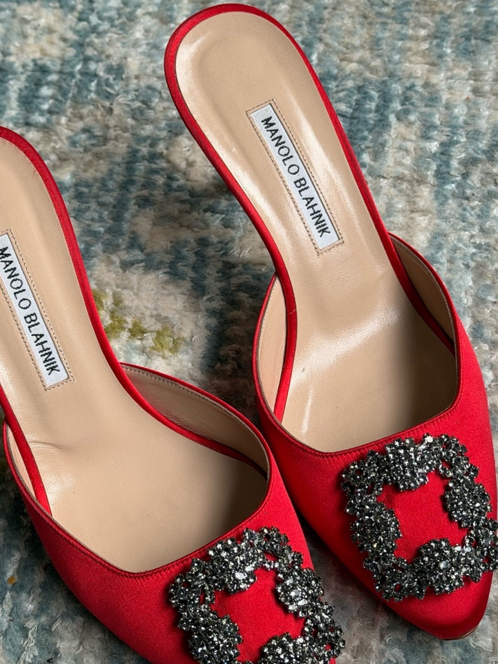 Manolo Blahnik - HANGISIMU, Red Satin Jewel Buckle Mules